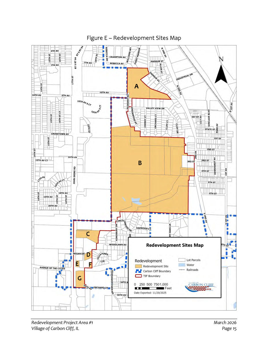 A map showing potential redevelopment sites within the TIF